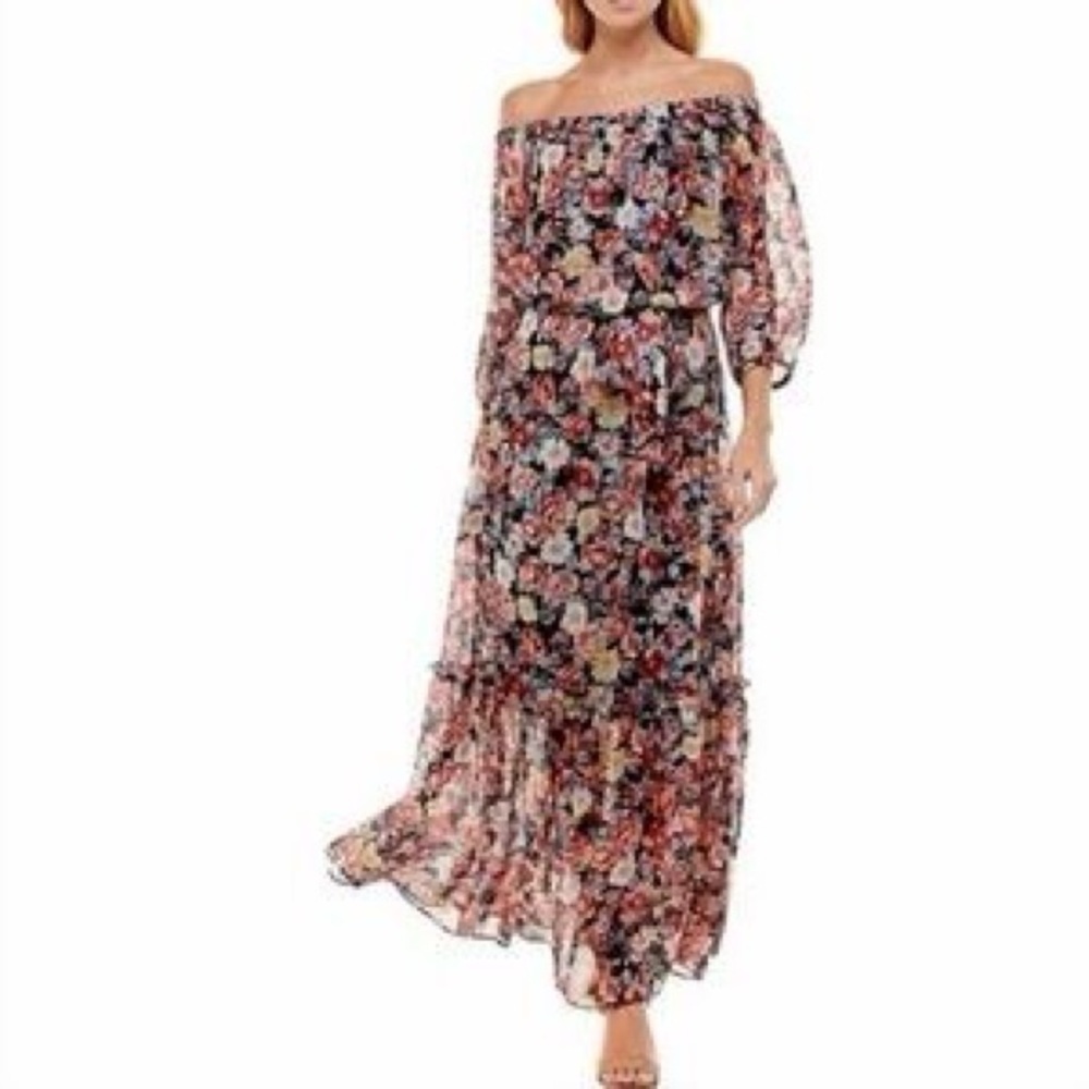 Premier Amour Floral Maxi Dress Black Pink Boho Peasant Off Shoulder Size 6